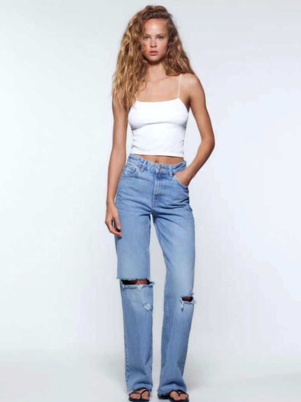 Zara TRF Wide Leg Ripped Jeans - Medium Wash